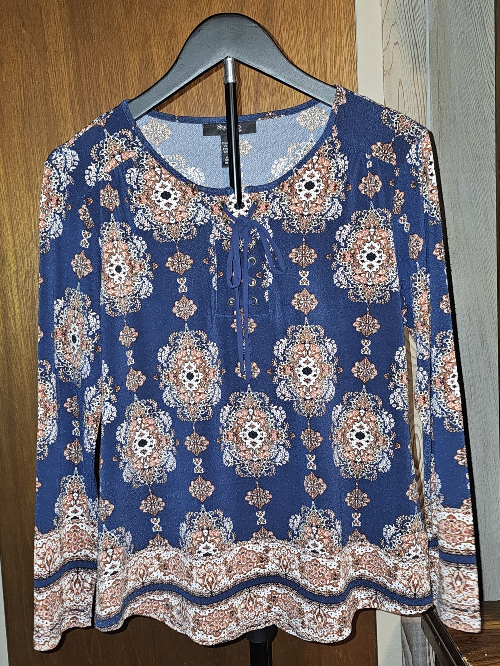 Stylus Navy Blue Floral Lace-Up Petite Long Sleeve Top